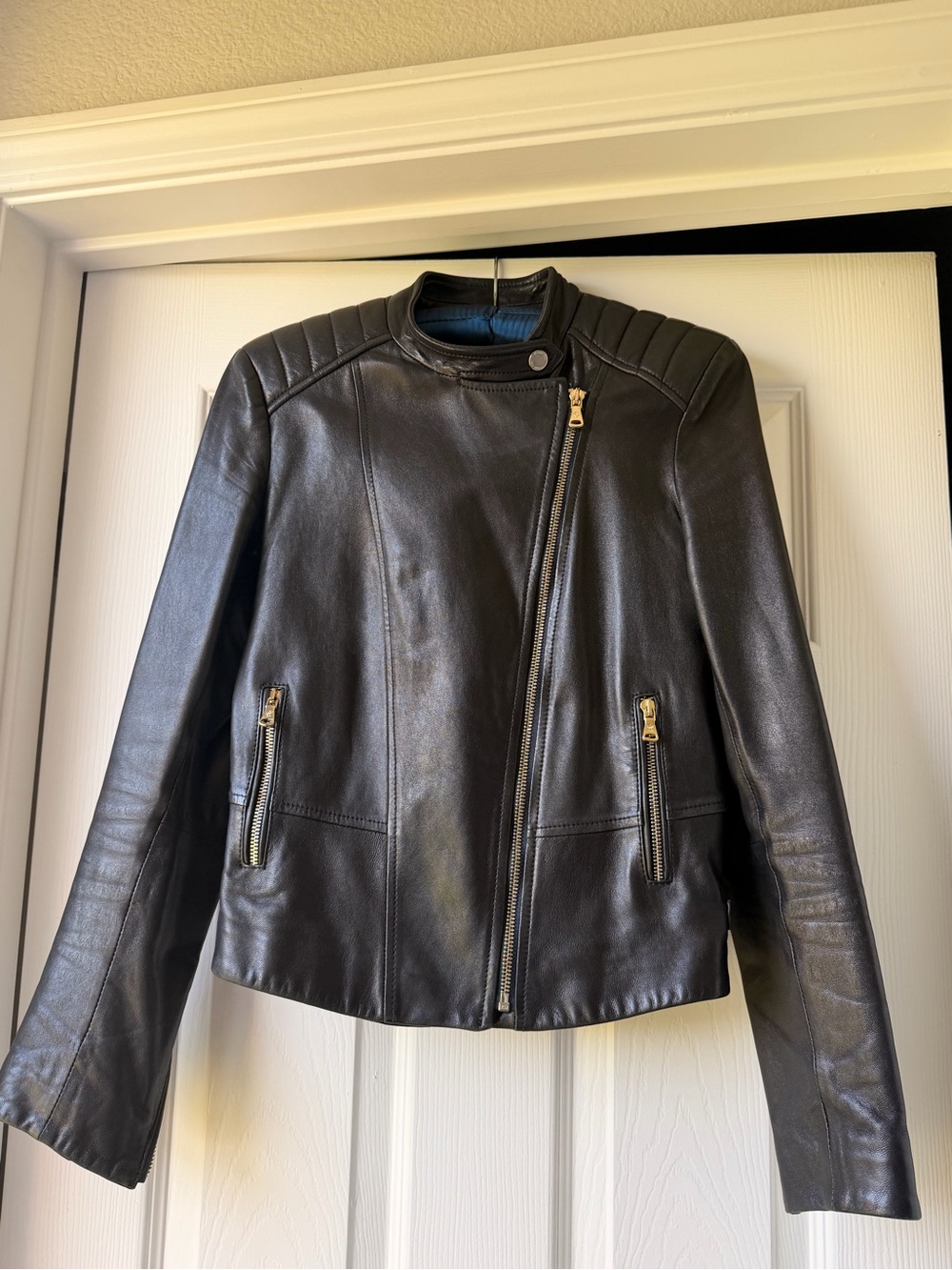 Massimo Dutti Black Leather Asymmetrical Zip Jacket
